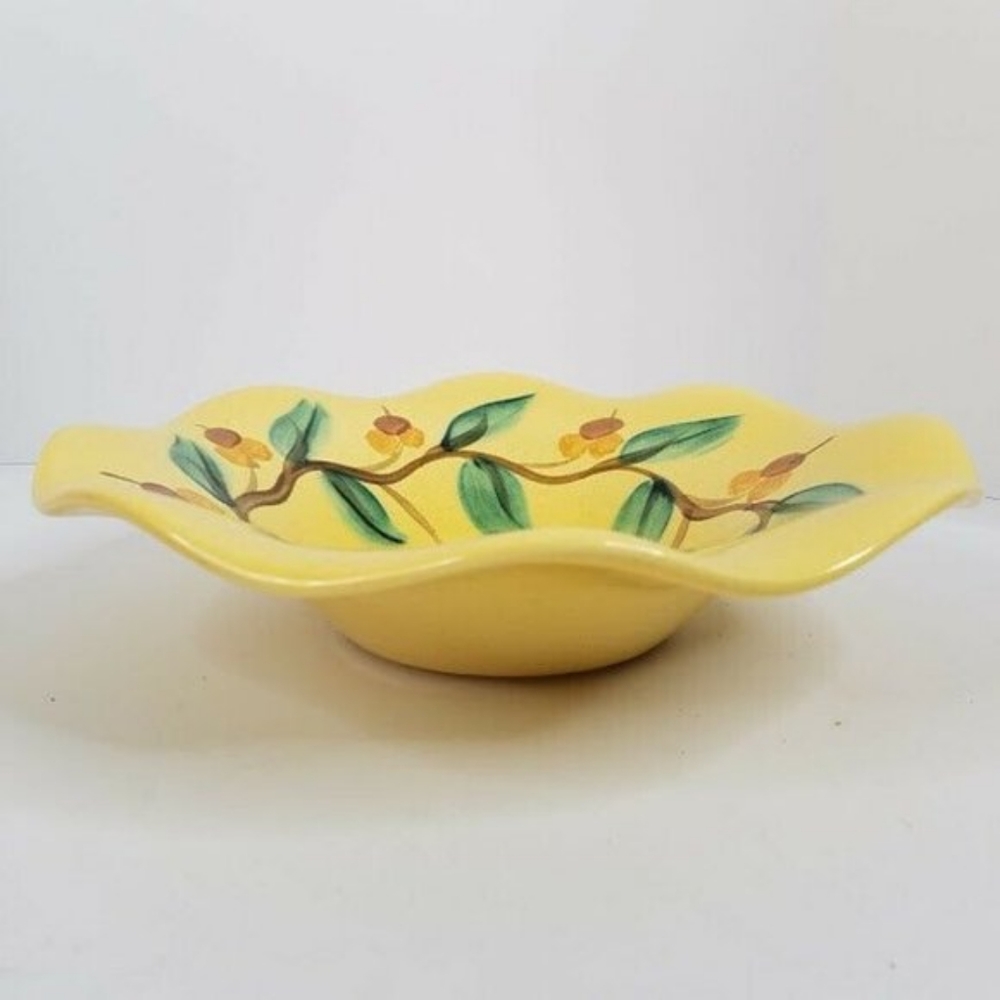 Vintage~Gail Pittman Signed Bowl~ Pottery~Acorn~Vines~Hand Painted~Fall~Ruffle